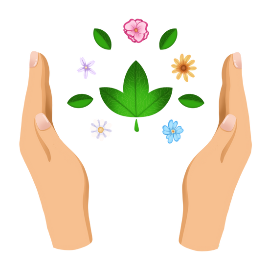 Illustration with hands holding space for assortment of leaves and flowers, symbolising Mama Dolce's passion for sustainability