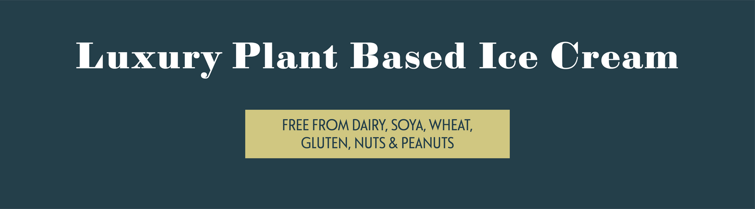 Title "Luxury Plant Based Ice Cream" . Box reads "Free From Dairy, Soya, Wheat, Gluten, Nuts & Peanuts"
