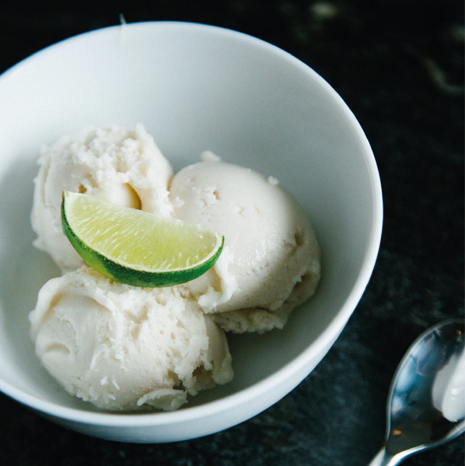 Banana and Lime Ice Cream with lime garnish in bowl